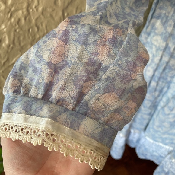 70s Gunne Sax gauzy floral dress vintage cottage core powder blue knee length - Picture 8 of 12